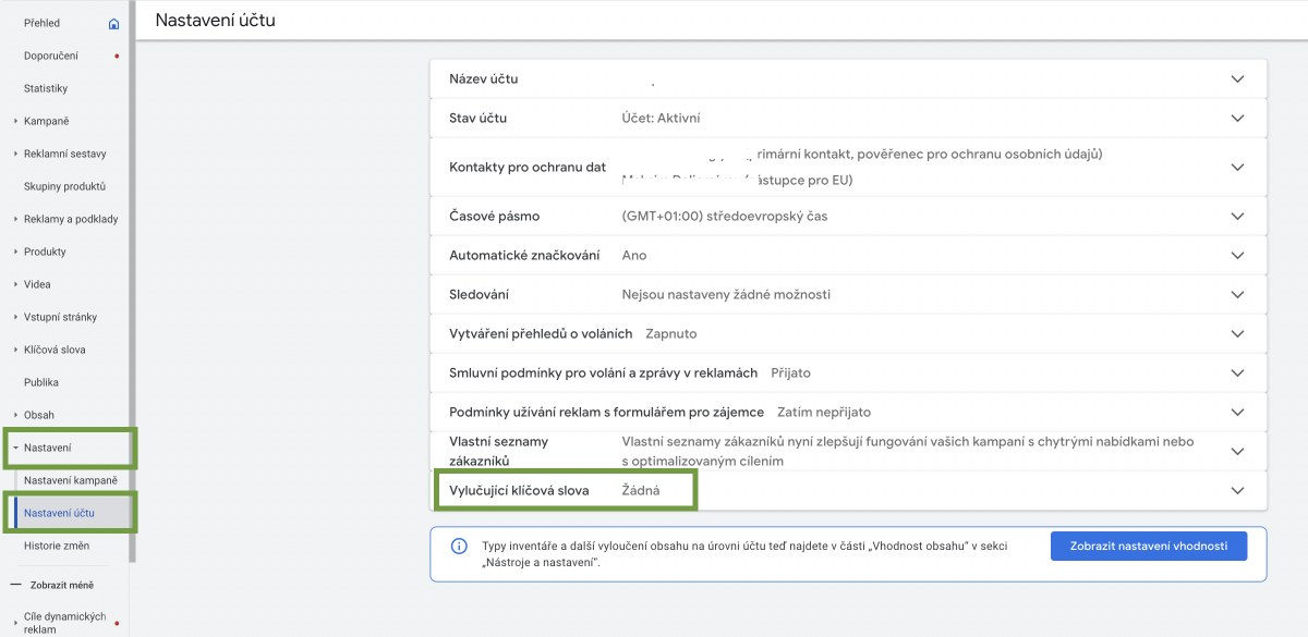 Nastavení účtu - Vylučující slova