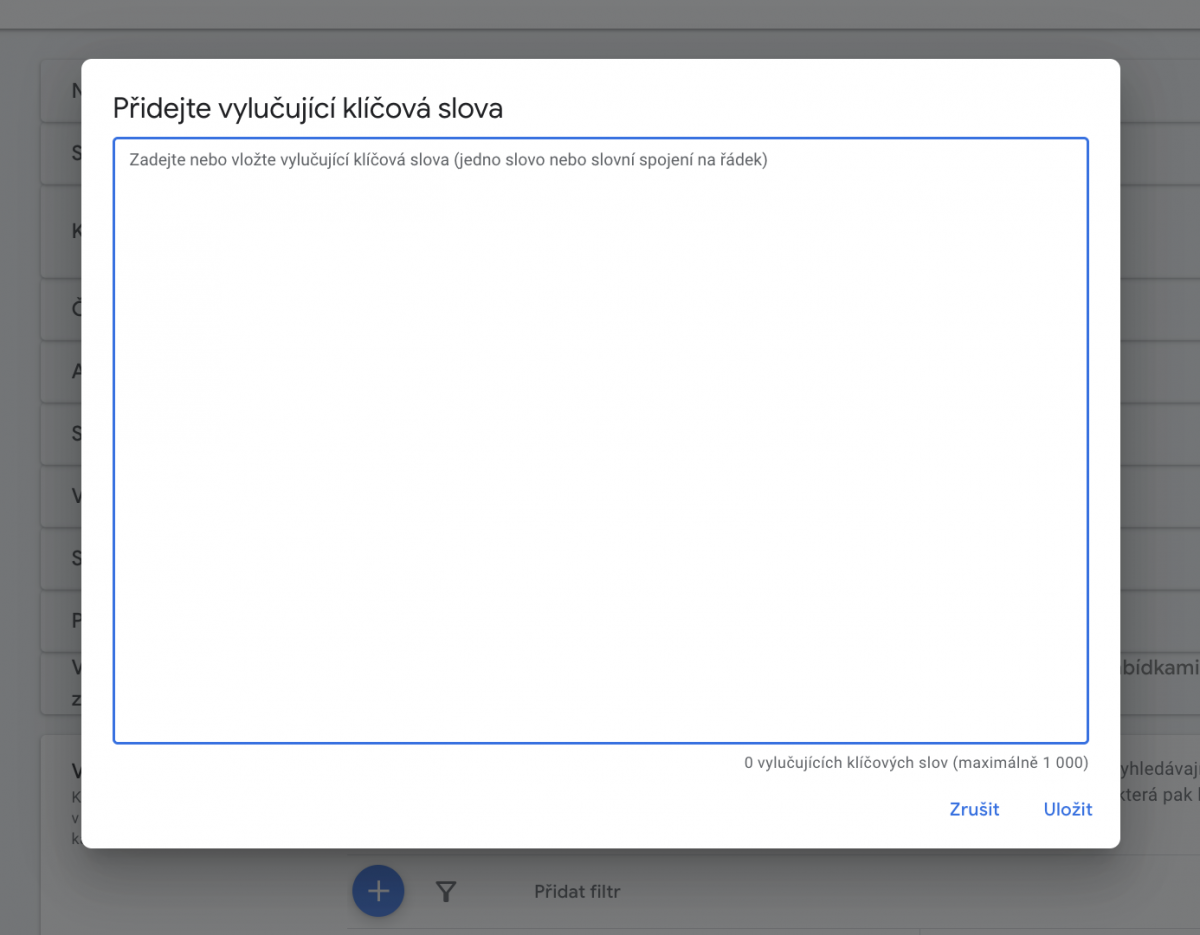 Přidání vylučujících slov