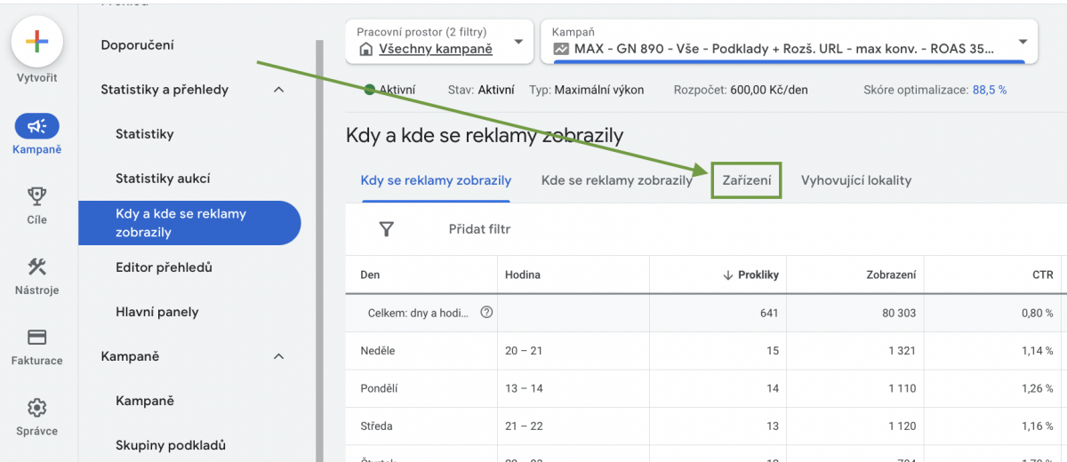 Kde najít nastavení zařízení v novém Google Ads