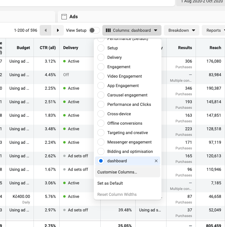 Přizpůsobení columns ve Facebook Business Manageru Přizpůsobení columns ve Facebook Business Manageru
