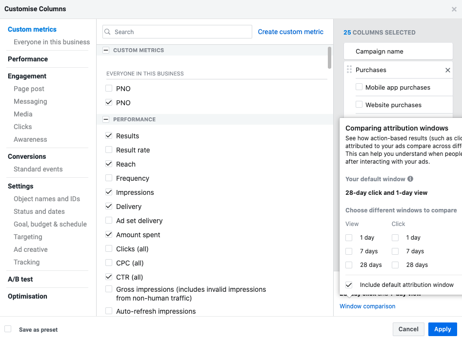 Nastavení sloupců - atribuční okno Nastavení sloupců - atribuční okno