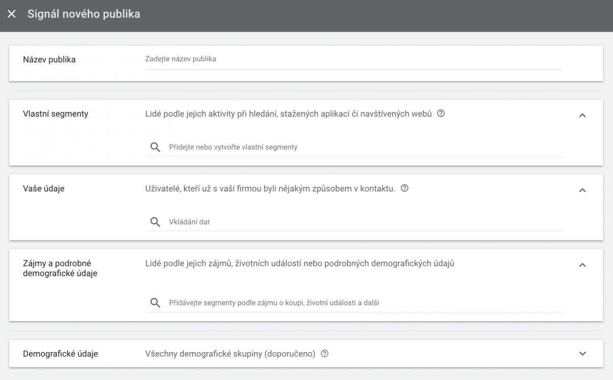 Nastavení signálu publika v Performance kampaních Nastavení signálu publika v Performance kampaních
